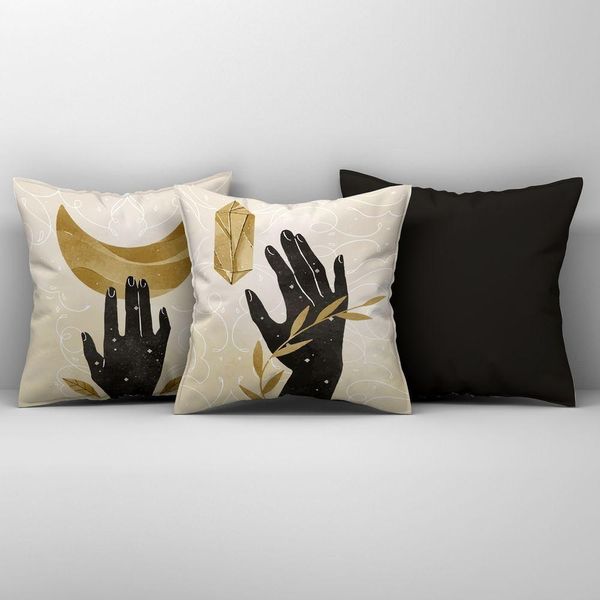 Kit Trio Capas De Almofadas Estampadas Folhas Em Veludo Suede 45cm X 45cm - Cor Preto