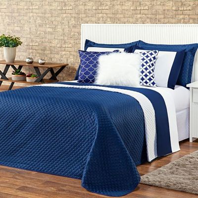 Kit Cobre Leito Colcha Queen Miami Azul Marinho/branco Dupla Face Com Almofadas Estampadas 06 Peças