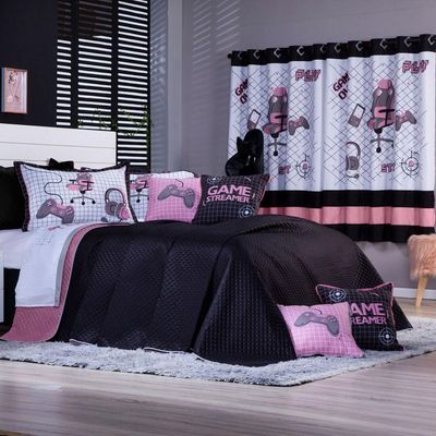 Kit Cobre Leito Colcha Casal Padrão Game Streamer Rosê Dupla Face Com Almofadas Estampadas 07 Peças
