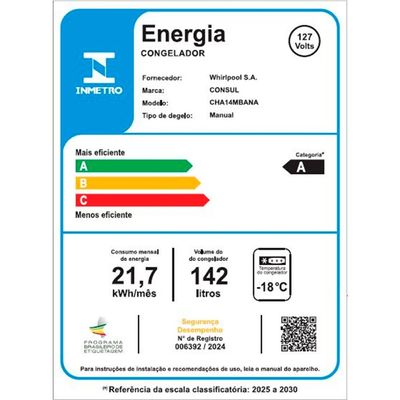 Freezer Horizontal CHA14MB 142 Litros 1 Porta Consul Branco / 220V