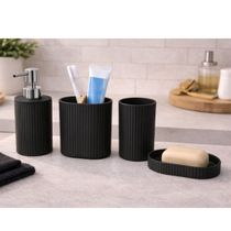 Kit Banheiro Preto com Bambu: 4 Peças (Dispenser, Porta Escova, Copo, Saboneteira)