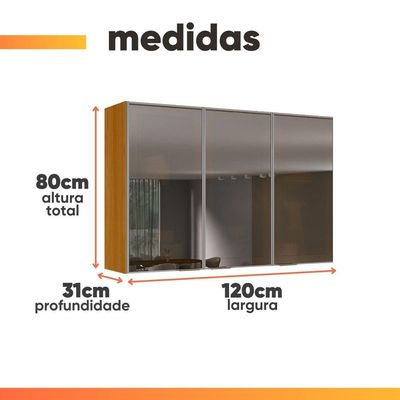 Armário Aéreo De Cozinha 100% Mdf 3 Portas Reflecta 1,20m Lais Madeirado