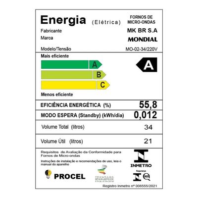 Micro-ondas Mondial MO-02-34-W com 10 Ajustes de Potência e Função Tira Odor – 34L Branco Branco / 220