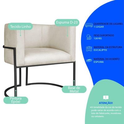 Poltrona Dália Luxo Moderna Estofada Design Sofisticado Com Base De Ferro Preto Linho Bege