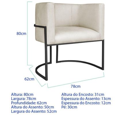 Poltrona Dália Luxo Moderna Estofada Design Sofisticado Com Base De Ferro Preto Linho Bege