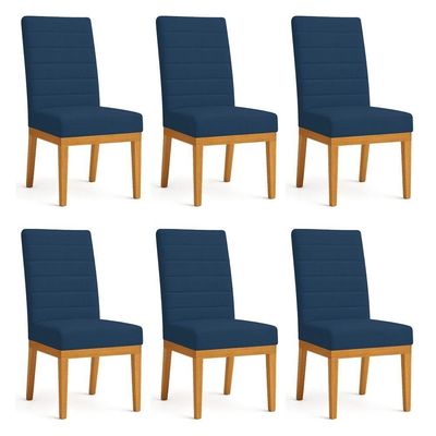 Kit 6 Cadeiras De Jantar Solana Veludo Azul Marinho Base De Madeira - Pallazio