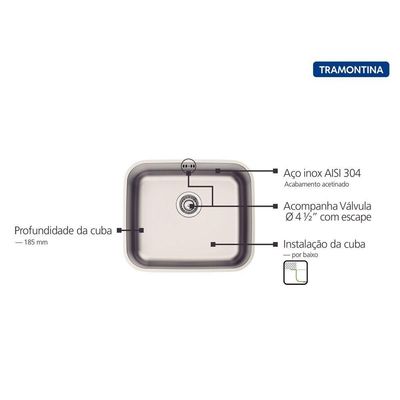 Cuba de Embutir Dora 40 BL R6 Retangular Aço Inox Acetinado com Válvula e Escape
