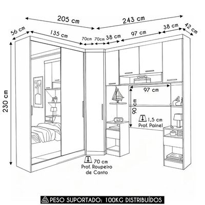 Guarda Roupa Solteiro Modulado Espelho Cp06 Taiga Branco/grey L01 - Mpozenato