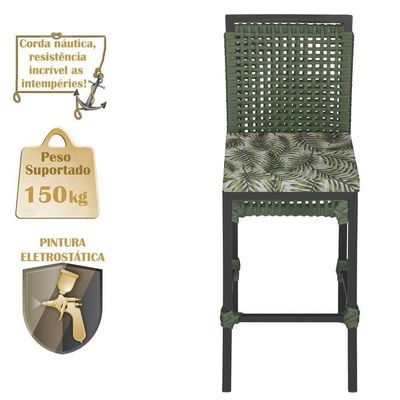 Mesa Bistrô E 4 Banquetas Roma Preta Corda Estofado 5 Trama Verde