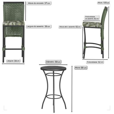 Mesa Bistrô E 4 Banquetas Roma Preta Corda Estofado 5 Trama Verde