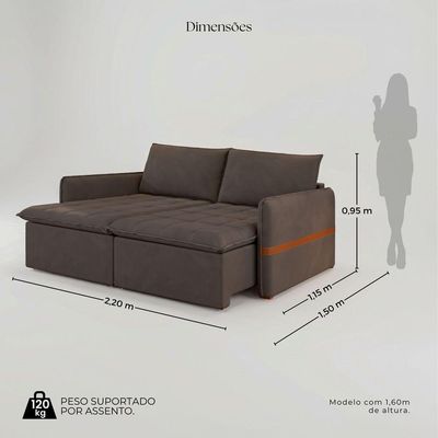 Sofá Cama Retrátil 4 Lugares Bárbara 2,20m Veludo Marrom