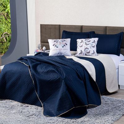 Kit Cobre Leito Colcha Casal Azul Marinho/caqui Dupla Face Com Almofadas Estampadas 05 Peças