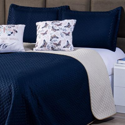 Kit Cobre Leito Colcha Casal Azul Marinho/caqui Dupla Face Com Almofadas Estampadas 05 Peças