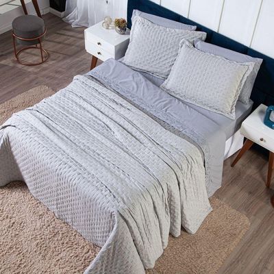 Kit Cobre Leito Colcha King Percal 300 Fios Dupla Face Linho Mesclado Com Fronhas 03 Peças, Cinza