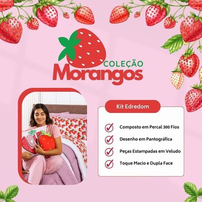 Kit Edredom Casal Padrão Morangos Rosê Com Almofadas Estampadas 7 Peças - Dupla Face Percal 300 Fios