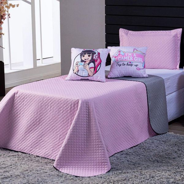 Kit Cobre Leito Colcha Casal Rosa/cinza Dupla Face Com Almofadas Estampadas 05 Peças