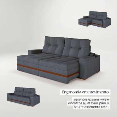 Sofá Retrátil Reclinável 4 Lugares Mônaco 2,16m Veludo Cinza