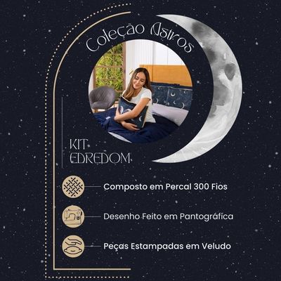 Kit Edredom Casal Astros Azul Marinho Com Almofada Estampada 06 Peças - Dupla Face Percal 300 Fios