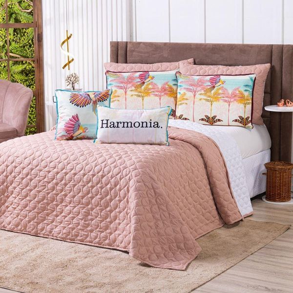 Kit Cobre Leito Colcha Solteiro C/ Almofadas Estampadas 5 Peças Dupla Face Percal 300 Fios Matelado