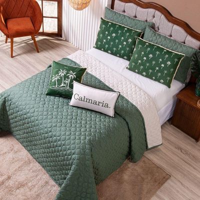 Kit Cobre Leito Colcha Queen C/ Almofadas Estampadas 7 Peças Dupla Face Percal 300 Fios Matelado