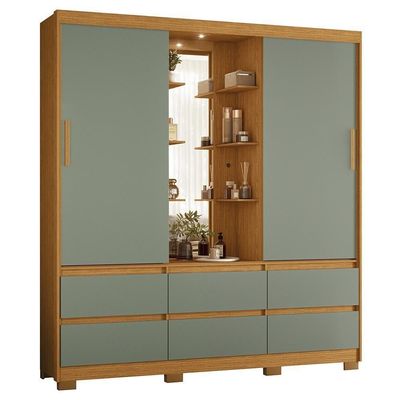 Guarda Roupa Solteiro Atena 2 Portas 6 Gavetas Flex Cinamomo-sálvia Com Led – Móveis Albatroz