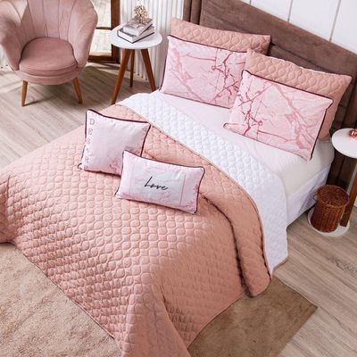 Kit Cobre Leito Colcha Queen Com Almofadas Estampadas 7 Peças - Dupla Face Percal 300 Fios Matelado