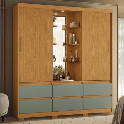 Guarda Roupa Solteiro Atena 2 Portas 6 Gavetas Flex Cinamomo-sálvia Com Led – Móveis Albatroz