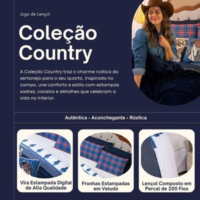 Jogo De Cama Lençol Solteiro Country Com Fronha Estampada 03 Peças - Tecido Percal 200 Fios Cor Azul