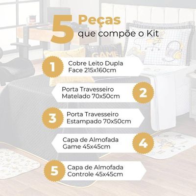 Kit Cobre Leito Colcha Solteiro Game Streamer Amarelo Dupla Face Com Almofadas Estampadas 05 Peças