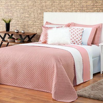 Kit Cobre Leito Colcha Queen Miami Rosê/branco Dupla Face Com Almofadas Estampadas 06 Peças