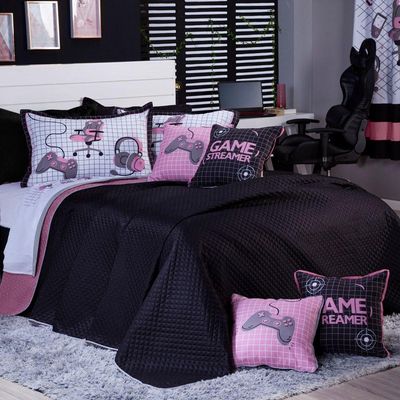 Kit Cobre Leito Colcha Queen Game Streamer Rosê Dupla Face Com Almofadas Estampadas 07 Peças