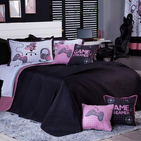 Kit Cobre Leito Colcha Queen Game Streamer Rosê Dupla Face Com Almofadas Estampadas 07 Peças