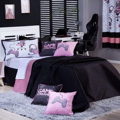 Kit Cobre Leito Colcha Solteiro Game Streamer Dupla Face Com Almofadas Estampadas 05 Peças Cor Rosê