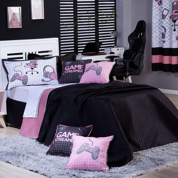 Kit Cobre Leito Colcha Solteiro Game Streamer Dupla Face Com Almofadas Estampadas 05 Peças Cor Rosê