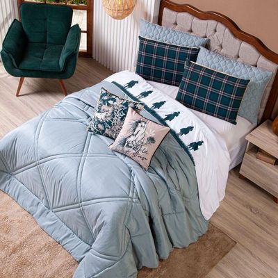 Kit Edredom Queen Country Com Almofadas Estampadas 07 Peças - Dupla Face Percal 300 Fios Cor Verde