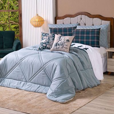 Kit Edredom Queen Country Com Almofadas Estampadas 07 Peças - Dupla Face Percal 300 Fios Cor Verde