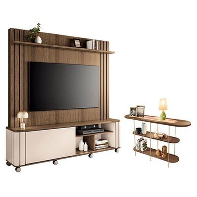 Estante Home Theater Trinus Castanho Off White Com Aparador Infinity Castanho - Hb Móveis