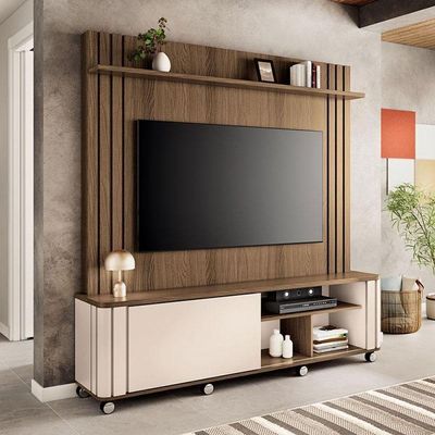 Estante Home Theater Trinus Castanho Off White Com Aparador Infinity Castanho - Hb Móveis