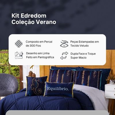 Kit Edredom Solteiro Com Almofadas Estampadas 05 Peças - Dupla Face Percal 300 Fios - Cavalo Marinho