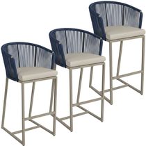 03 Banquetas Noronha Em Alumínio E Corda Náutica Trama Azul Marinho