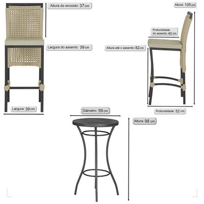 Mesa Bistrô E 4 Banquetas Roma Preta, Corda Estofado 7 Trama Rami