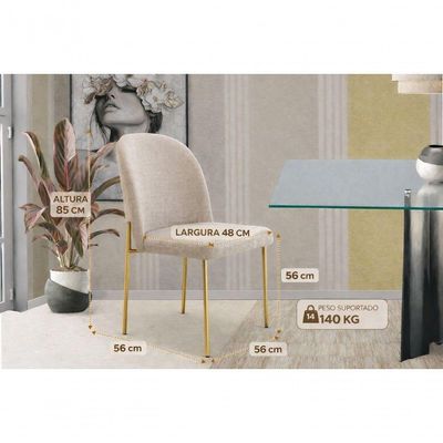 Cadeira Jantar Cecilia Pé Metal Dourado Reforçada Linho Base Dourada-linho Bege
