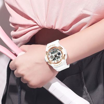 Relógio De Pulso Unissex De Moda, Com Display Duplo De Quartzo Branco Rosa Dourado