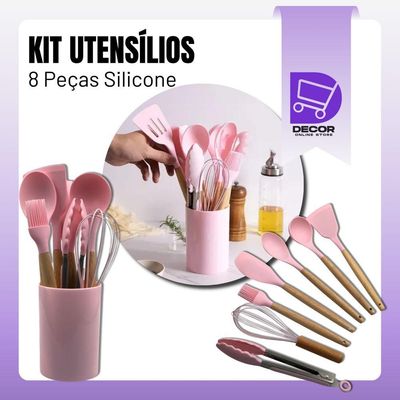 Conjunto Kit Premium De Utensílios De Silicone 8 Peças Rosa