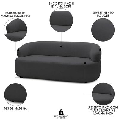 Sofá 3 Lugares Living Orgânico Sala De Estar 170cm Conka F05 Bouclê Grafite - Mpozenato