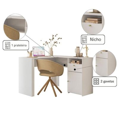 Escrivaninha De Canto Em L Com 1 Porta E 1 Gaveta Para Sala Branco