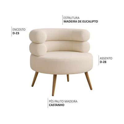 Poltrona Minimalista Mabel Pés Palito Castanho Bouclé Off White - Nexta Casa