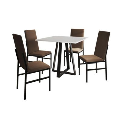 Kit Mesa Mônaco Premium 90cm Com 4 Cadeiras De Jantar Estofadas Para Sala E Cozinha - Branco-marrom