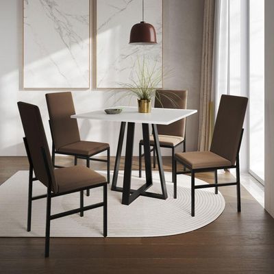 Kit Mesa Mônaco Premium 90cm Com 4 Cadeiras De Jantar Estofadas Para Sala E Cozinha - Branco-marrom