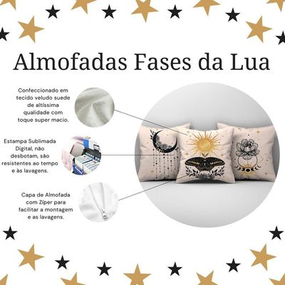 Kit Trio Capas De Almofadas Estampadas Fases Da Lua Em Veludo Suede 45cm X 45cm - Cor Bege